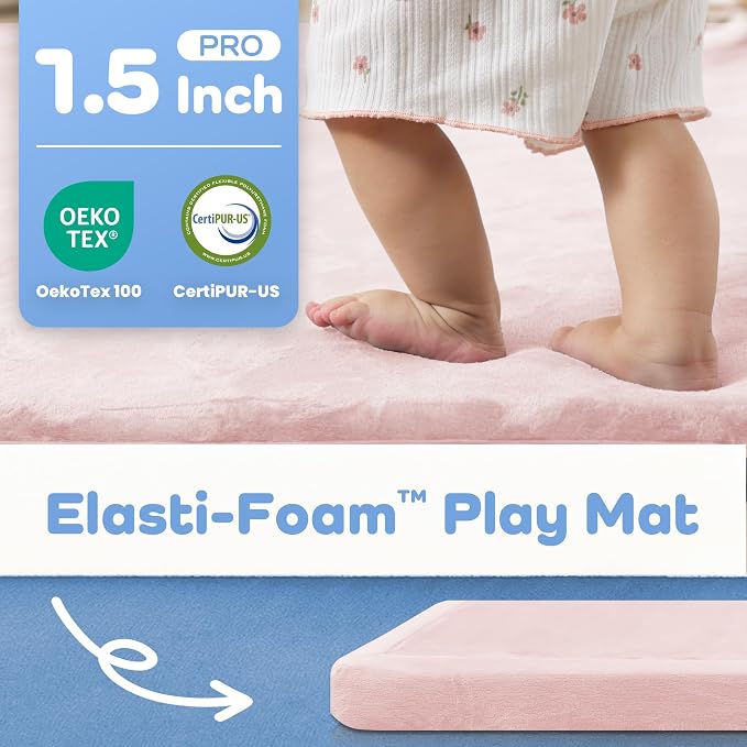 1.5" Thick Padded Baby Play Mat for Floor Tummy Time, Pro Soft Foam Activity Playroom Playmats, Easy Care with Non-Slip Safe for Infant Toddler Kids Crawling 39"x 59" (Pink)