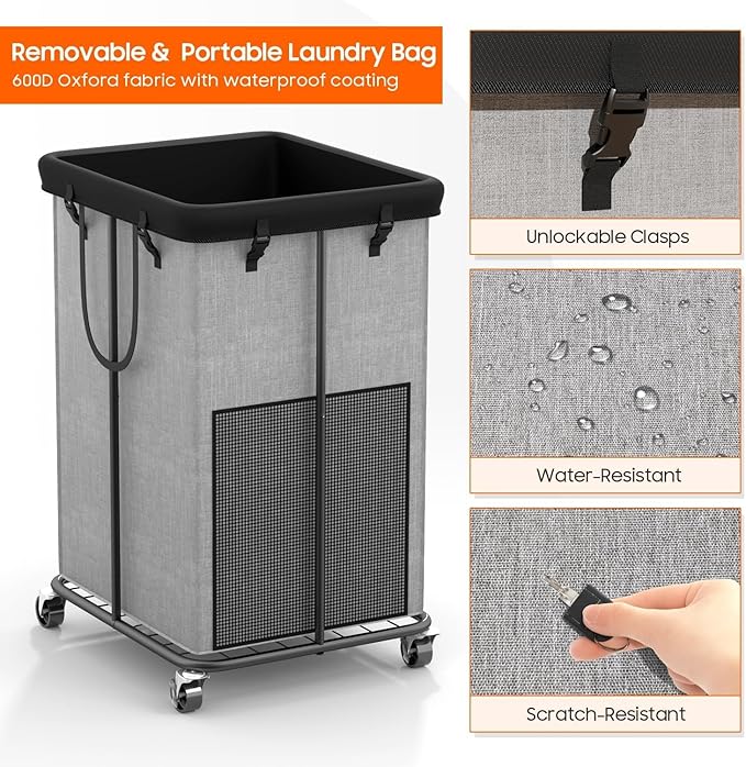 150L Laundry Hamper with Wheels, Rolling Laundry Basket with Metal Frame and Removable Bag, Large & Tall Dirty Clothes Hampers for Bedroom Aesthetic, Laundry Room, Bathroom, Dorm-Grey
