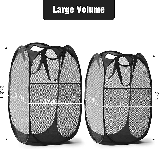 TECHMILLY Upgraded 105L Collapsible Mesh Pop Up Laundry Hamper with Sturdy Handles and Side Pocket - Portable Foldable Clothes Baskets for Dorm, Bathroom & Travel Storage (Black Plus)