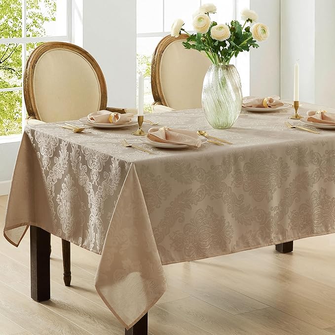 Newbridge Barcelona Luxury Damask Fabric Tablecloth, 70” Extra Wide x 126” Rectangle, Golden Beige, 100% Polyester, No Iron, Soil Resistant Dining Room, Party and Banquet Table Cover