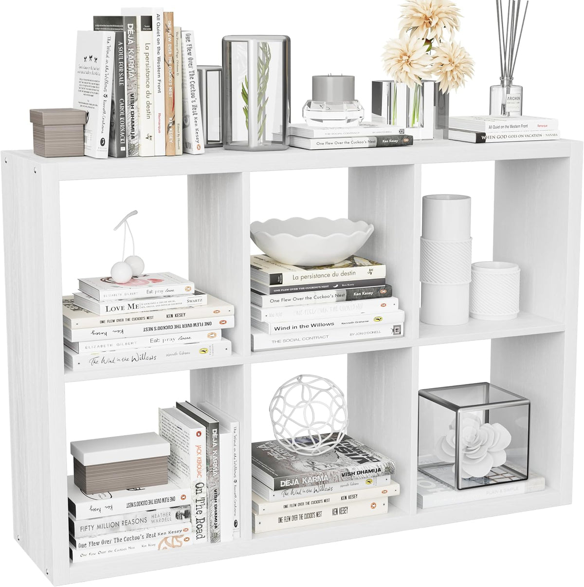 Cube Storage Organizer Bookcase, Decorative 11 inch Open Back Cubical Shelf with Thickened Border, Display Bookshelf for Living Room, Home Office, Sturdy Room (White, 6 Cube)