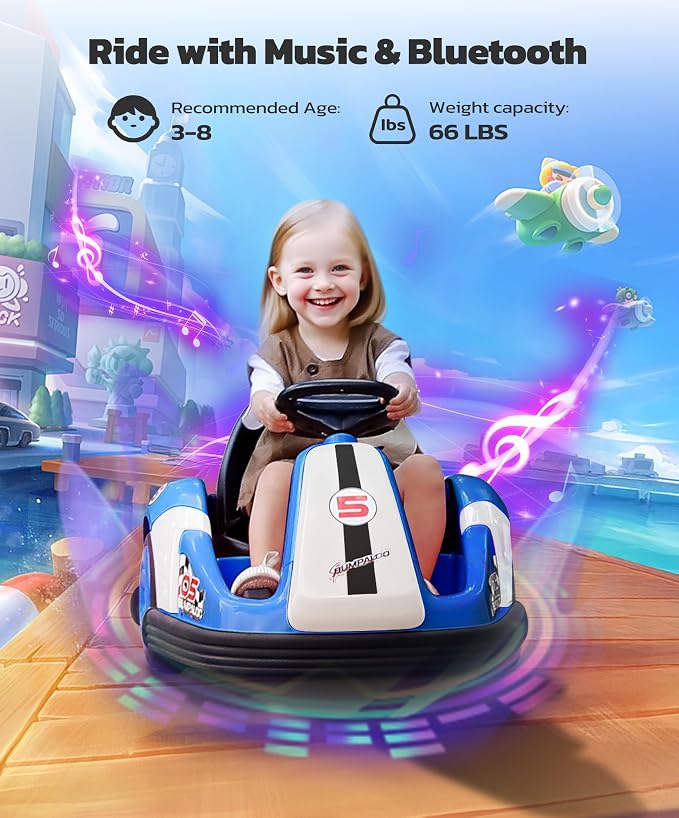 ELEMARA 12V Kids Bumper Car with Big Wheel, 2.2 Mph Max, Toddler Bumper Cars with Remote, Baby Bumping Toy Car with DIY Stickers,360 Degree-Spin, Music, Bluetooth,LED Lights, Blue