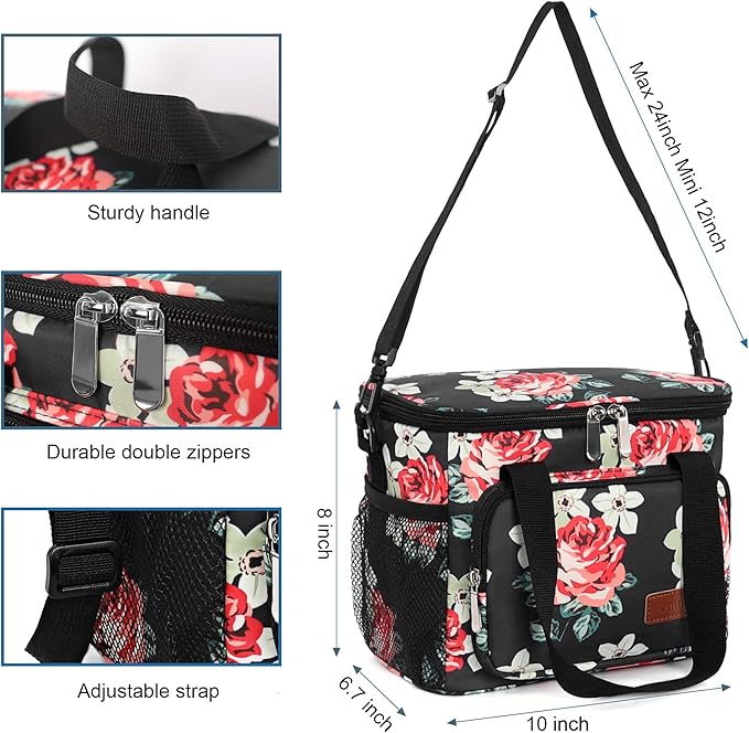 Femuar Lunch Bags for Women/Men, Insulated Lunch Bag for Work Office Picnic - Lunch Cooler Bag Leakproof Lunch Box with Adjustable Shoulder Strap - Black Floral