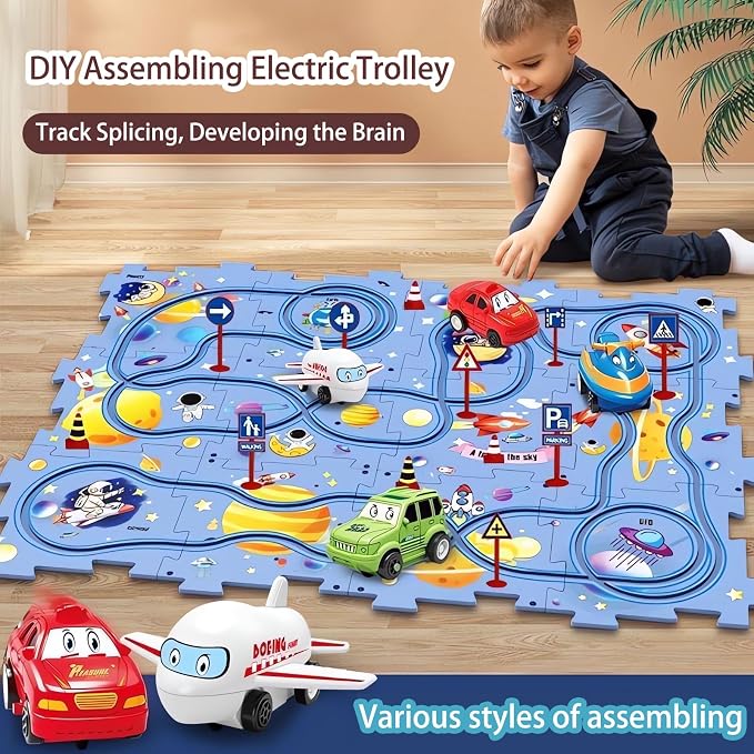 Puzzle Racer Kids Car Track Set Educational Puzzle Track Car Play Set Rail Car Puzzle with Battery-Operated Toy Vehicle & Puzzle Board for Kids Ages 3+ (5PCS, 4 Style)