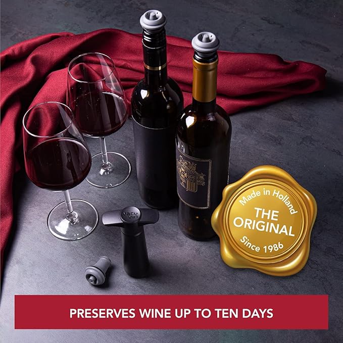 Vacu Vin Wine Saver Pump Gray with Vacuum Wine Stopper - Keep Your Wine Fresh for up to 10 Days - 1 Pump 4 Stoppers - Reusable - Made in the Netherlands