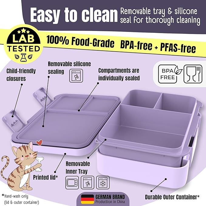 BEARFOOT Kids Lunch Box with Compartments – Compact & Lightweight | Leak-Proof, BPA-Free, Dishwasher & Microwave Safe | Hand-Drawn Design for Preschool, School, Travel (Dog & Cat Purple, 4 Cups)
