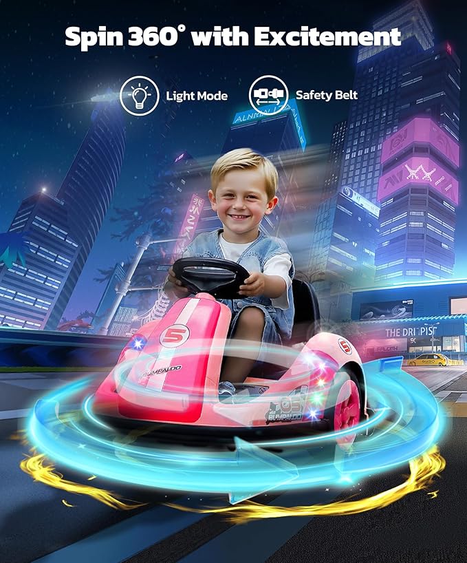 ELEMARA Toddler Bumper Car with Big Wheels, 2.2 Mph, Ride On Toys for Toddlers with DIY Stickers, 12v Electric Bumper Cars for Kids with Bluetooth,LED Light,Music for Indoor Outdoor,Peach Pink
