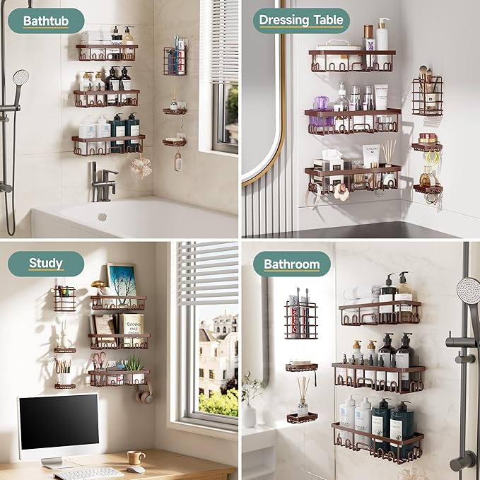 Veken Shower Caddy 6-Pack, No Drilling & Rustproof, Waterproof Adhesive Shelves Rack with Soap Holder, Large Capacity Bathroom Organizers and Storage, Wall-Mounted Kitchen & Home Decor