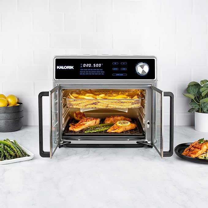 Kalorik Air Fryer Oven Grill MAXX Series 26-Quart with Smokeless Sear Technology Digital Controls Easy-View Door and 22 Smart Cooking Presets, Includes Cooking Accessories, 1700-Watts, Stainless Steel