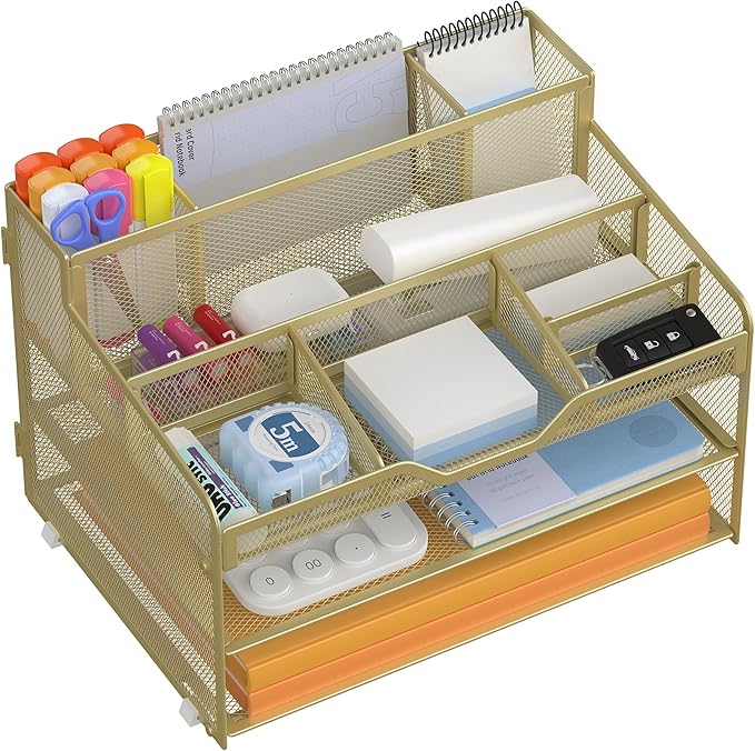 Docnest 3 Tier Mesh Desk Organizer for Paper Office Supplies – Multi-Functional Letter Tray with 5 Adjustable Compartments, 3 Pen Holders, Desktop Storage for Files, Mail, Stationery – Gold Yellow
