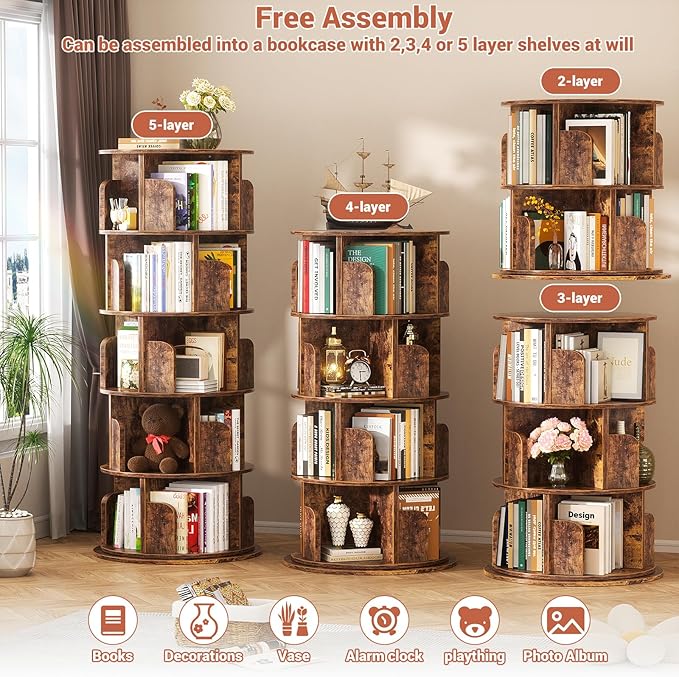 Rotating Bookshelf Tower, 5 Tier Spinning Bookcase, Revolving 360 Book Shelf Narrow Tall Bookcase, Vertical Turning Round Bookshelf Organizer, Corner Book Shelf for Small Space, Rustic Brown