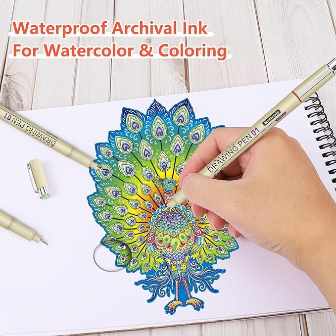 Muchcute Micro Fineliner Drawing Art Pens: 20 Set (12 Colors & 8 Black) Extra Fine Line Waterproof Ink Artist Supplies Archival Inking Ultra Thin Markers Sketch Sketching Watercolor Zentangle Stuff