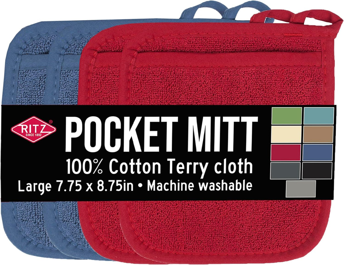 RITZ Terry Pocket Mitt & Hot Pad: Unparalleled Heat Resistant, Durable 100% Cotton – Ergonomically Designed for Optimal Grip – Easy-Care Machine Washable – 4-Pack, Federal/Paprika