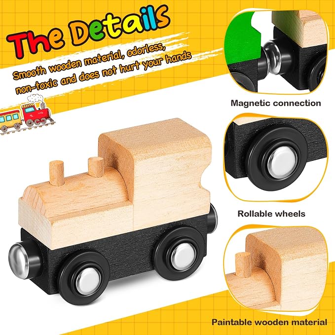 Halloscume 12 Pcs Unfinished DIY Wooden Trains Magnetic Unpainted Wooden Train Cars Toys for Railway Paint Project, Birthday Party Decorations Back to School Crafts Gifts Supplies (Classic)