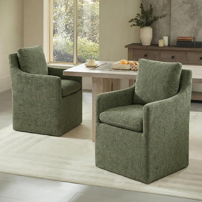 Upholstered Dining Chairs with Casters, No Assembly Modern Accent Armchair with Rollers for Dining Room, Bedroom, Living Room, Reading Room, Already Assembled, Green, 4 Box