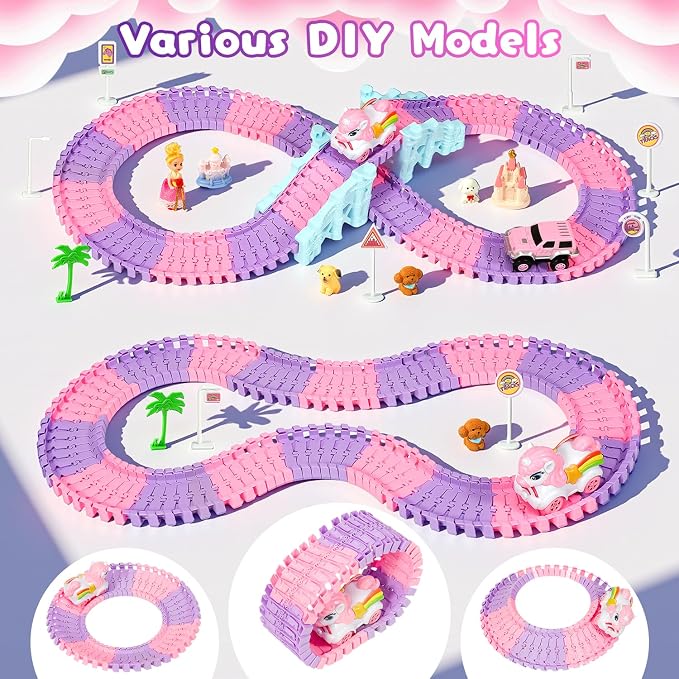 Unicorn Race Tracks for Kids Ages 3-8, 224 PCS Princess Car Toys with Magic Bendable, 2 Monster Truck, Flexible DIY Track Set, Christmas Birthday Gifts for 3 4 5 6 Year Olds Kids Toddler Girls