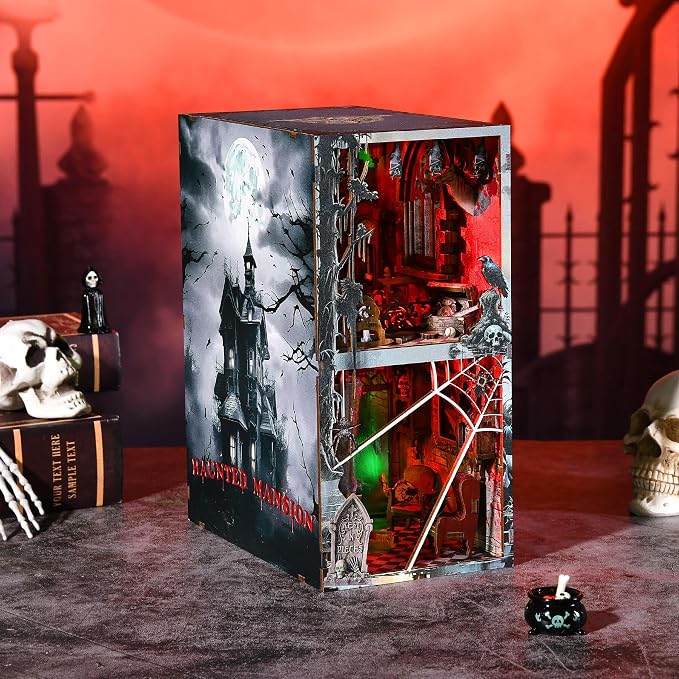 fifijoy Haunted Horror Book Nook Kit, DIY Miniature Dollhouse Halloween Booknook Kit, Spooky Creepy Scary 3D Wooden Puzzle Bookend Bookshelf Insert Decor with LED Light (Haunted Mansion)