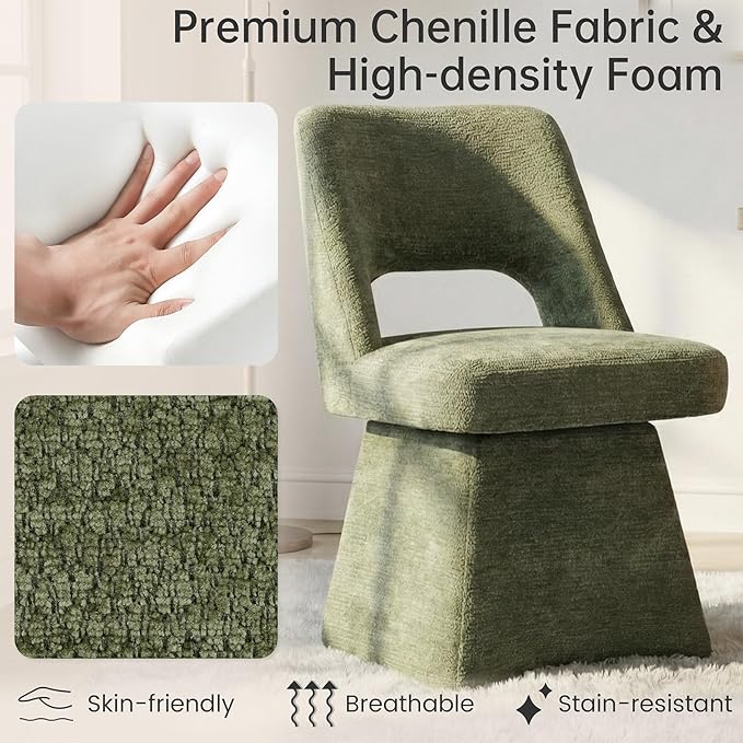 VKNOW Upholstered Swivel Dining Chairs Set of 2, Modern Dining Room Chairs with Open Back, Chenille Fabric Kitchen Chairs for Dining Room, Living Room, Bedroom, Vanity, Green