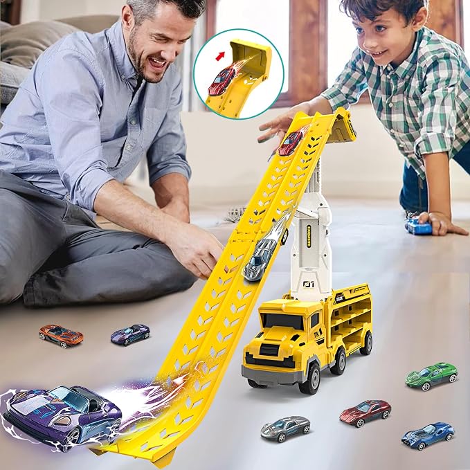 Toddler Car Truck Toys,Car Carrier Trucks for Kids Age 3-5 4-8,Foldable Car Track Sets with 2.8-Ft Race Track and 6 Die-Cast Race Cars, Truck Toys Gifts for 3 4 5 6 7 8+ Year Old Boys Girls(Yellow)