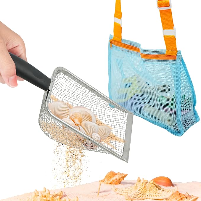4E's Novelty 2X Shark Tooth Sifter for Beach with 2X Small Mesh Beach Bag for Shell Collecting, Metal Sand Scoop for Picking Up Shells - Beach Toys for Kids (2 Sets)