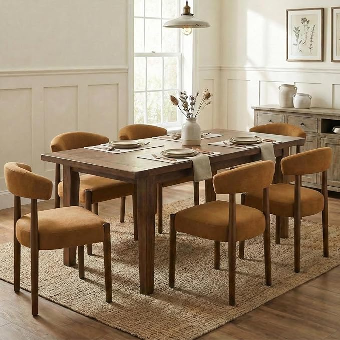 VKNOW Wooden Dining Chairs Set of 2, Modern Upholstered Dining Room Chairs with Walnut Wood Legs and Curved Backrest, Fabric Kitchen Chairs for Farmhouse/Living Room/Dining Room, Orange