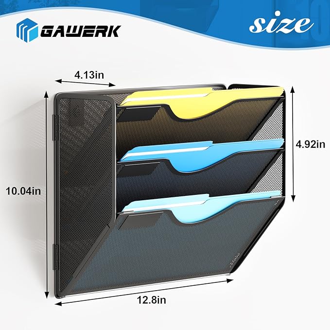 3 Tier Hanging Wall File Organizer, Mesh Mail Paper Orgnization Hanging File Folder Holder for Home Office, Black