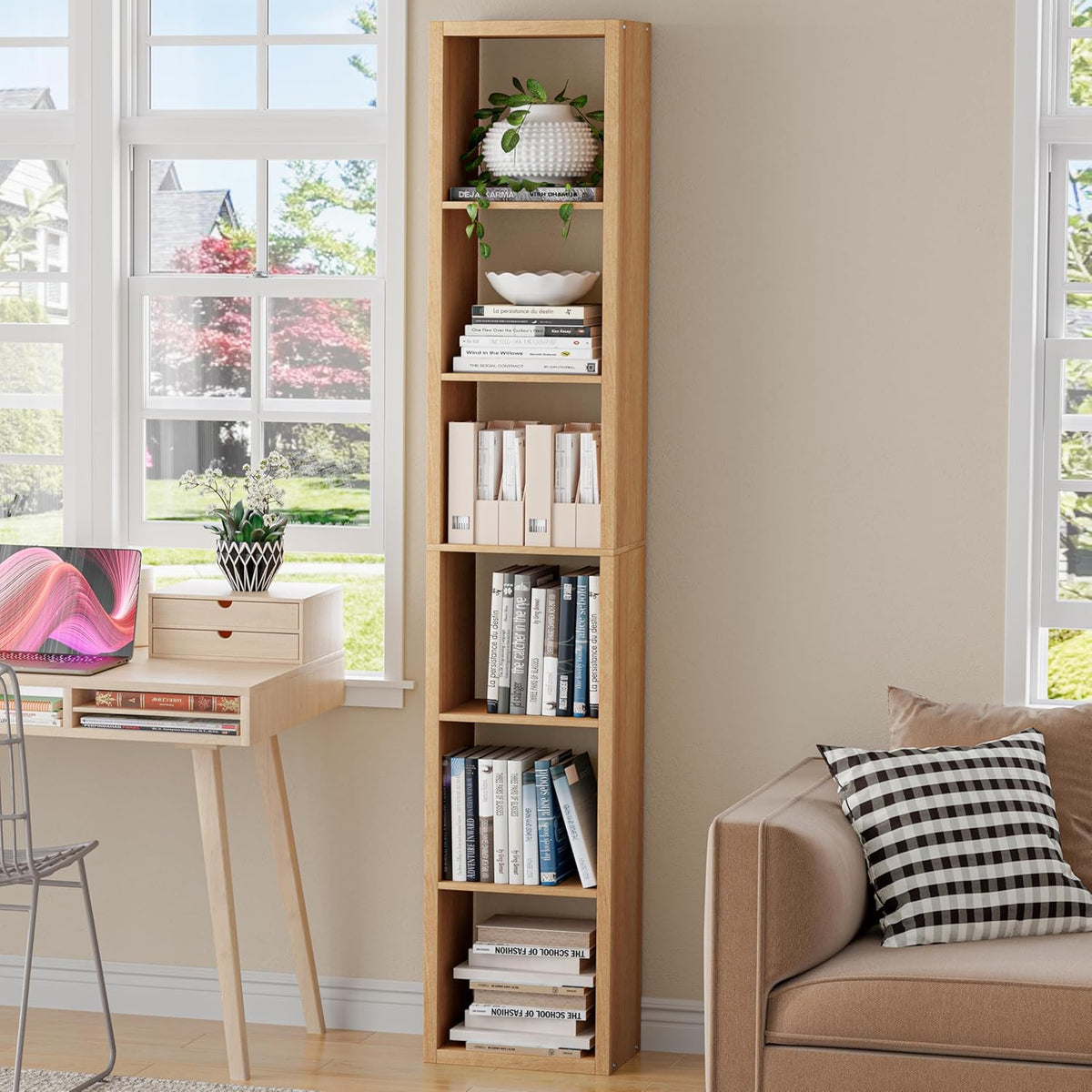 Tall Cube Storage Organizer Bookcase, 6 Tier 11 inch Open Back Cubical Shelf with Thickened Border, Display Bookshelf for Living Room, Home Office, Sturdy Room (Natural Oak, 6 Cube,Vertical)