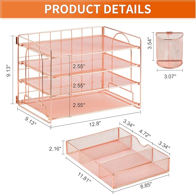 Lavatino 4-Tier Desk Paper Letter Tray Organizer for Desk Accessories & Workspace Organizers with Drawer and 2 Pen Holder for Home, School, Office Supplies Storage (Rose Gold)
