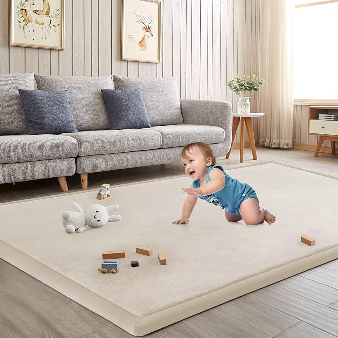 Baby Play Mat for Floor Nursery Rug Muscle Mat Area Rug Playroom Rug 79"x110" Playpen Mat Elastic Foam 1.3" Thick Crawling Mat for Babies,Toddlers, Infants, Kids,A Beige
