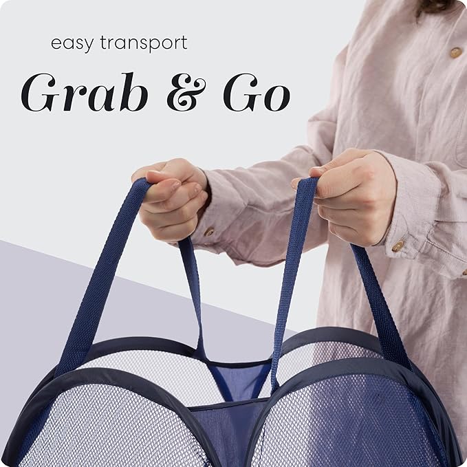 Handy Laundry Collapsible Mesh Pop Up Hamper with Wide Opening and Side Pocket - Breathable, Sturdy, Foldable, and Space-Saving Design for Clothes and Storage (Blue | 2-Pack)