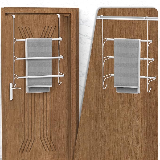AULEDIO Adjustable Over The Door Triple Towel Rack with Hooks,White