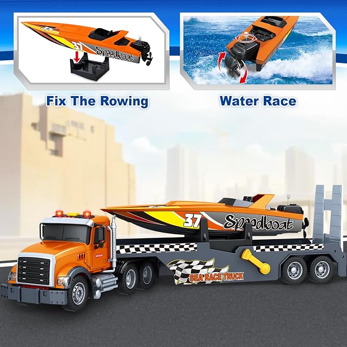 SpringFlower 3 4 5 6 Boy Toys, Extra Large Truck Toy with Sounds & Lights, 21" Semi Truck Toy Flatbed Transport Boat Vehicle，2 in 1 Kids Boy Toddlers Age 3 4 5 6 7 Birthday Gifts