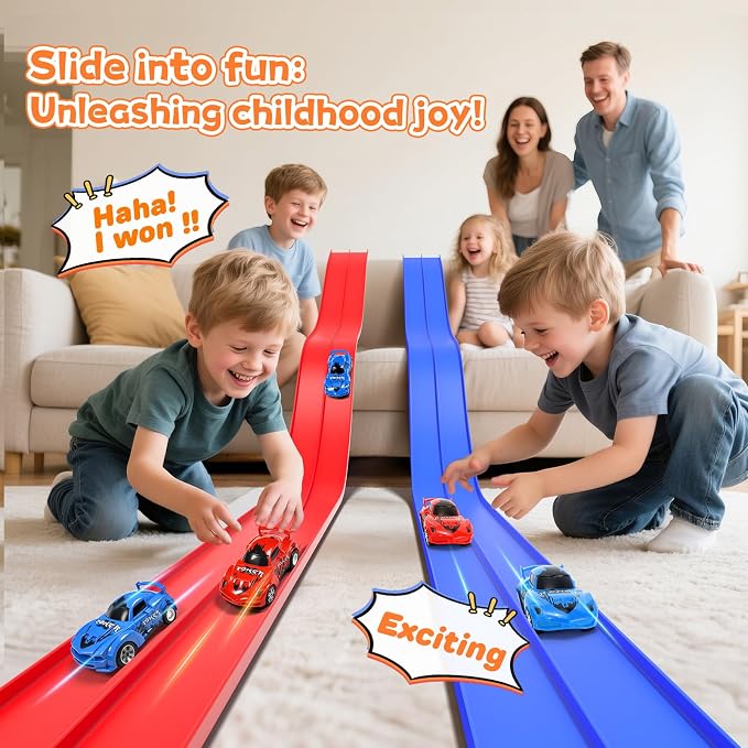 KETIEE Flex Tracks 16 Ft for Kids, Flexible Race Car Ramp Track with 2 Small Racecars and 4 Suction Cups Compatible with Diecast 1/64th Cars,Rolls Up Portable Racetrack for Ages 3 & Up