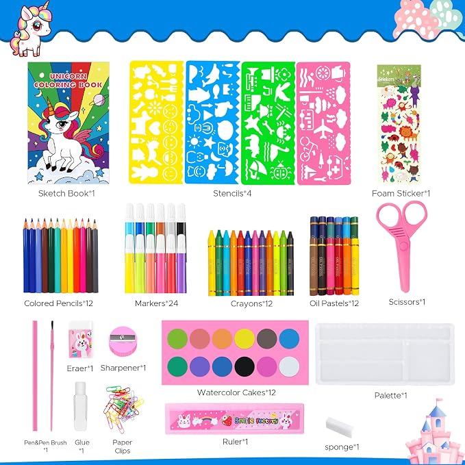 homicozy Art Supplies, Unicorn Drawing & Coloring Set with Crayons, Colored Pencils, Markers, Sketchbook, Watercolor Cakes, Stencils, Arts and Crafts Painting Kit for Kids Ages 4-10, Girls Boys Gift