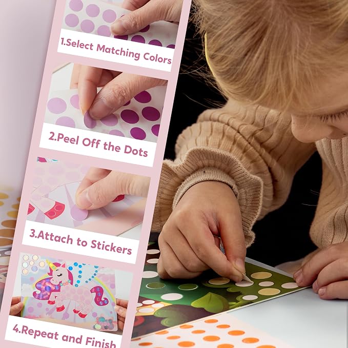 Klever Kits Dot Art Kit for Kids, No Mess Sticker for Toddlers 3-7, Craft Kits, DIY Creative Activity, Travel Toy, Birthday Presents for Boys Girls (Unicorns & Princess)
