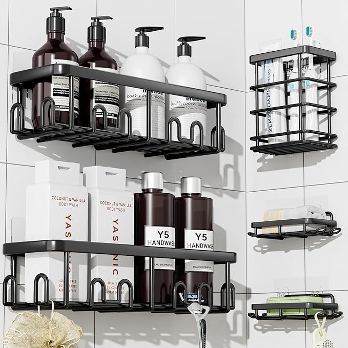 YASONIC Adhesive Shower Caddy, 5 Pack Black Shower Shelves for Inside Shower, Rustproof Shower Organizer with Soap and Toothbrush Holder, No Drilling Shower Storage for Bathroom/Kitchen