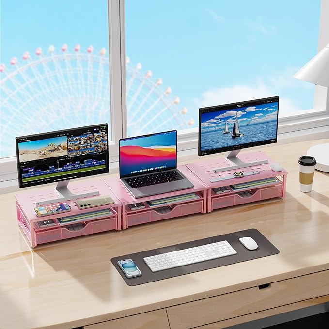 gianotter Computer Monitor Stand Riser, office organizer with Drawer, Office Organizers Storage for Classroom Office Supplies (Pink)