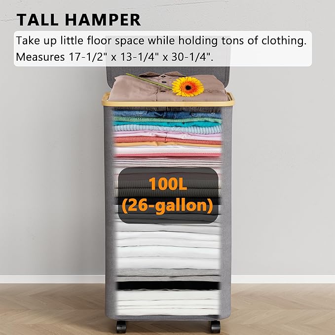 SpaceAid Laundry Hamper with Wheels and Lid, 26 Gal (100L) Rolling Clothes Basket with Bamboo Handle, Large Laundry Hamper for Bedroom, Bathroom, Dorm, Laundry Room - Grey