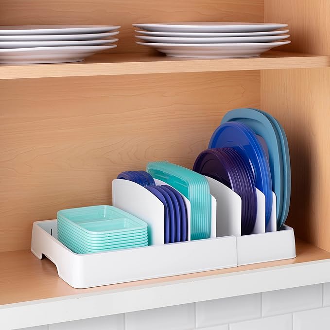 YouCopia StoraLid Food Container Lid Organizer, Expandable with Tall Dividers, White