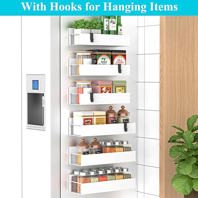 6 Pack Magnetic Spice Storage Rack Organizer for Refrigerator and Oven, White Fridge Organizers and Storage