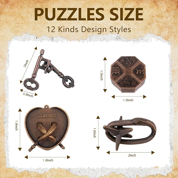 12Pcs Brain Teaser Puzzles for Adults and Teens, 3D Metal Puzzle Set with Various Difficulty Levels, IQ Logic Challenge Disentanglement Game, Fun Handheld Brain Teasers for Focus, Gifts for Boys Girls