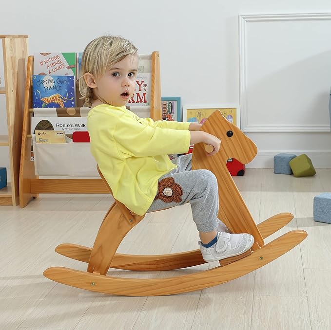 Wooden Rocking Horse Baby Ride On Toy for Toddler Rocking Horse Classic Design with Pedal and Safe backrest for Toddlers (Blue)