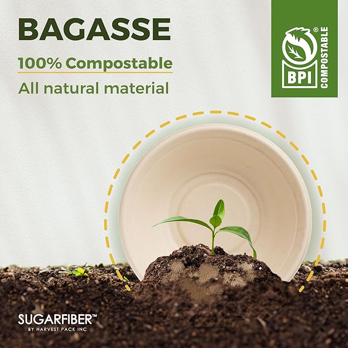 [500 COUNT]Harvest Pack PFAS FREE 32oz Round Paper Bowls, Compostable Heavy-Duty Eco-Friendly Disposable Bagasse Large Soup Bowls, sugarcane made for Meal Prep Takeout Dinnerware, Microwave Safe