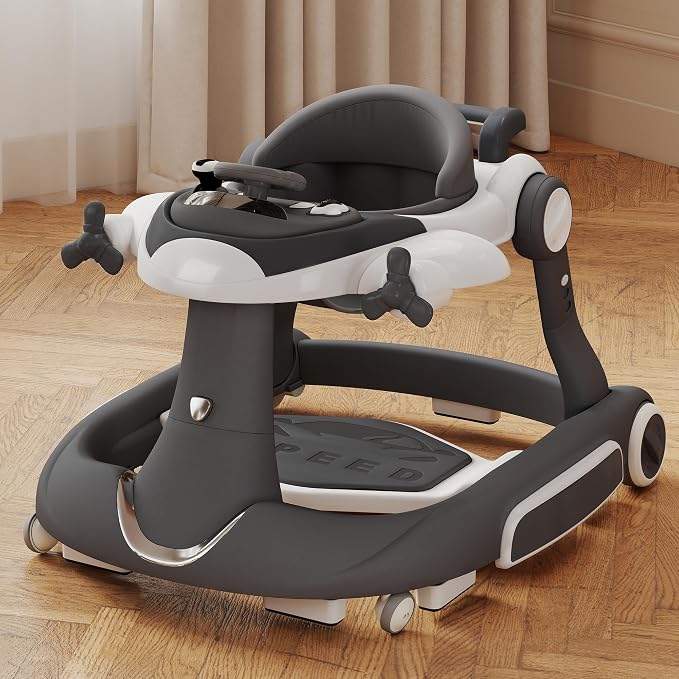 Kinder King 8-in-1 Baby Walker with Music & Lights, 3 Level Adjustable Height, Foldable Toddler Walker with Speed Adjustable Wheels, Easy to Clean, Baby Walkers for Boys & Girls 6-18 Months