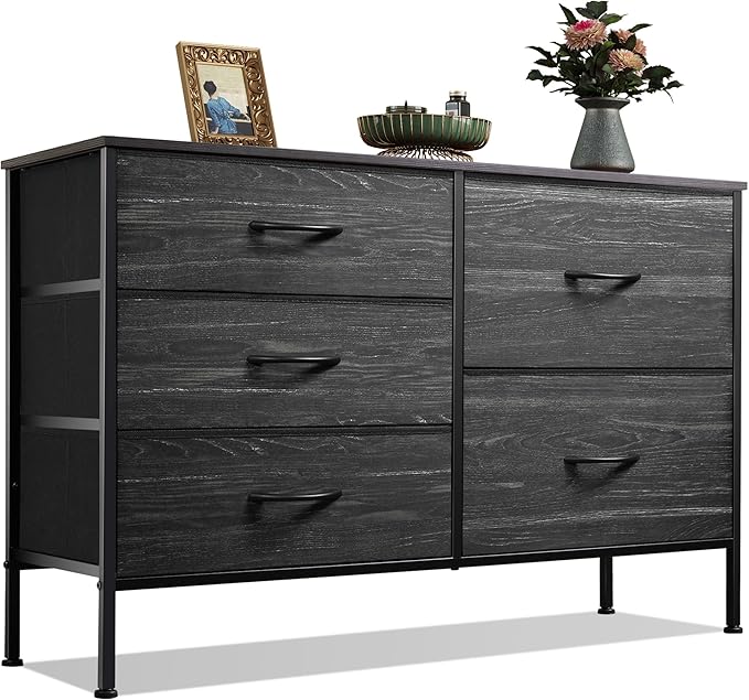 WLIVE Dresser for Bedroom with 5 Drawers, Wide Dressers with Drawer Organizers, Chest of Drawers, Fabric Dresser for Living Room, Closet, Hallway, Charcoal Black Wood Grain Print