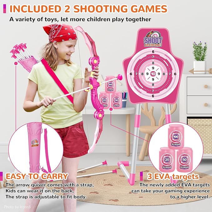 GMAOPHY 2 Pack Bow and Arrow Toy for 5 6 7 8 9 10 11 12 Year Old Boys, Birthday for Kids, Indoor Outdoor Sport Games Toys for Ages 4-8 8-12, LED Light Up Archery Set with 20 Toy Arrows (Pink)