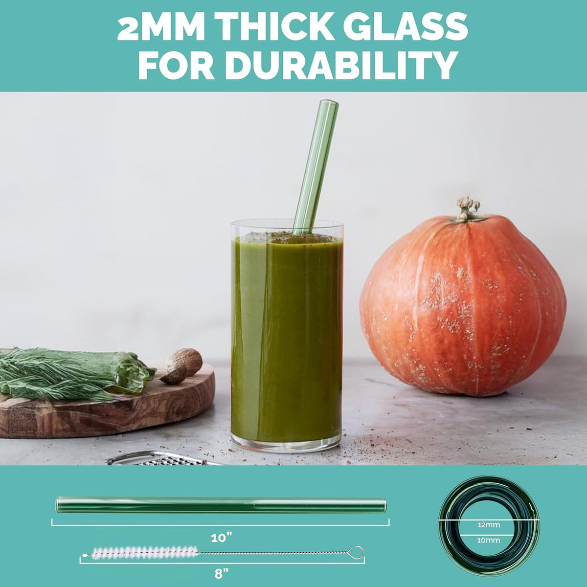 Simply Straws Wide Glass Straws (6-Pack) - 10in x 12mm Reusable Glass Smoothie Straws for Milkshakes, Juices & Slushies, with Cleaning Brush - Dishwasher Safe, Hot & Cold Use, BPA-Free (Seaglass)