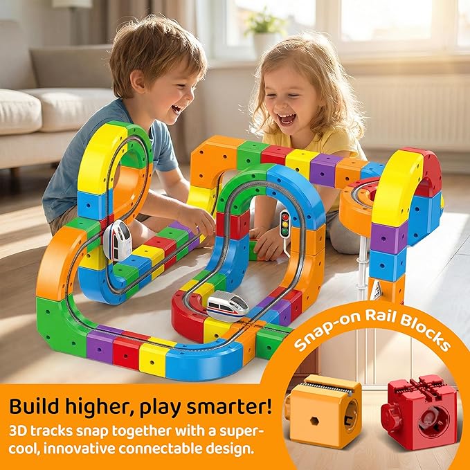 Electric Train Set Flexible Race Track Toys for 3 4 5 6 7 8 Years Old Boys and Girls, Building Toy Train Track Gravity-Defying 3D Embedded Layouts & Motorized Car, STEM Gift(Starter Set(89 Piece))