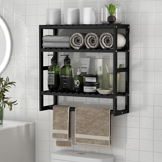 PPN Towel Rack Bathroom Storage Shelves Over The Toilet with Towel Bar 100% Bamboo Adjustable Height Floating Shelf Wall Shower Shelf for Small Space Bathroom Kitchen Multi Usage (Black-1Pack)