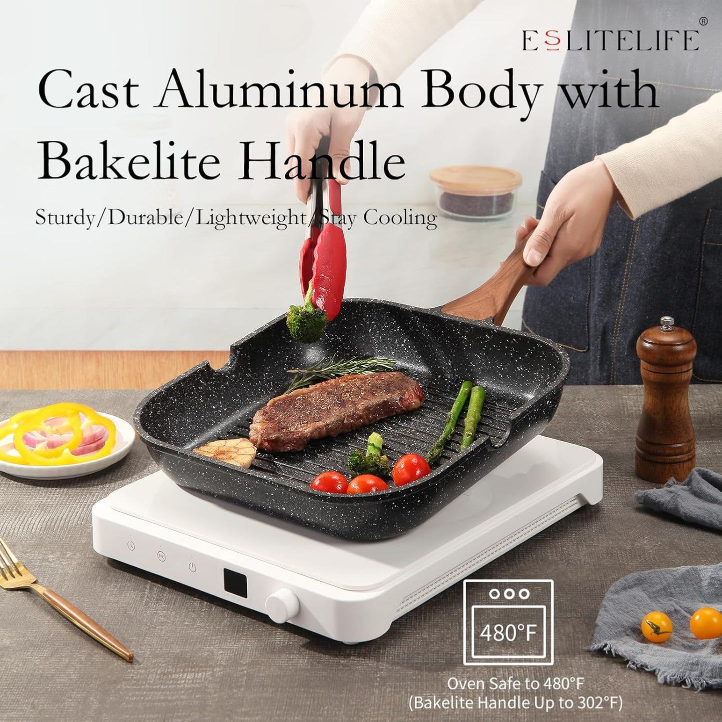 ESLITE LIFE 11 Inch Nonstick Grill Pan for Indoor Cooking, Versatile Induction Square Large Grilling Skillet Steak Pan for Stove Tops, PTFE & PFOA Free, Black